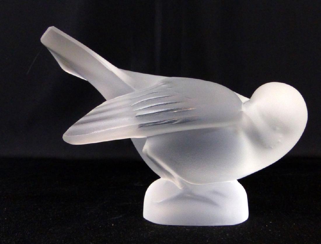 LALIQUE FROSTED CRYSTAL SPARROW FIGURE: Lalique frosted crystal sparrow figurine. Marked to underside. Measures 5" (12.7cm) length.
