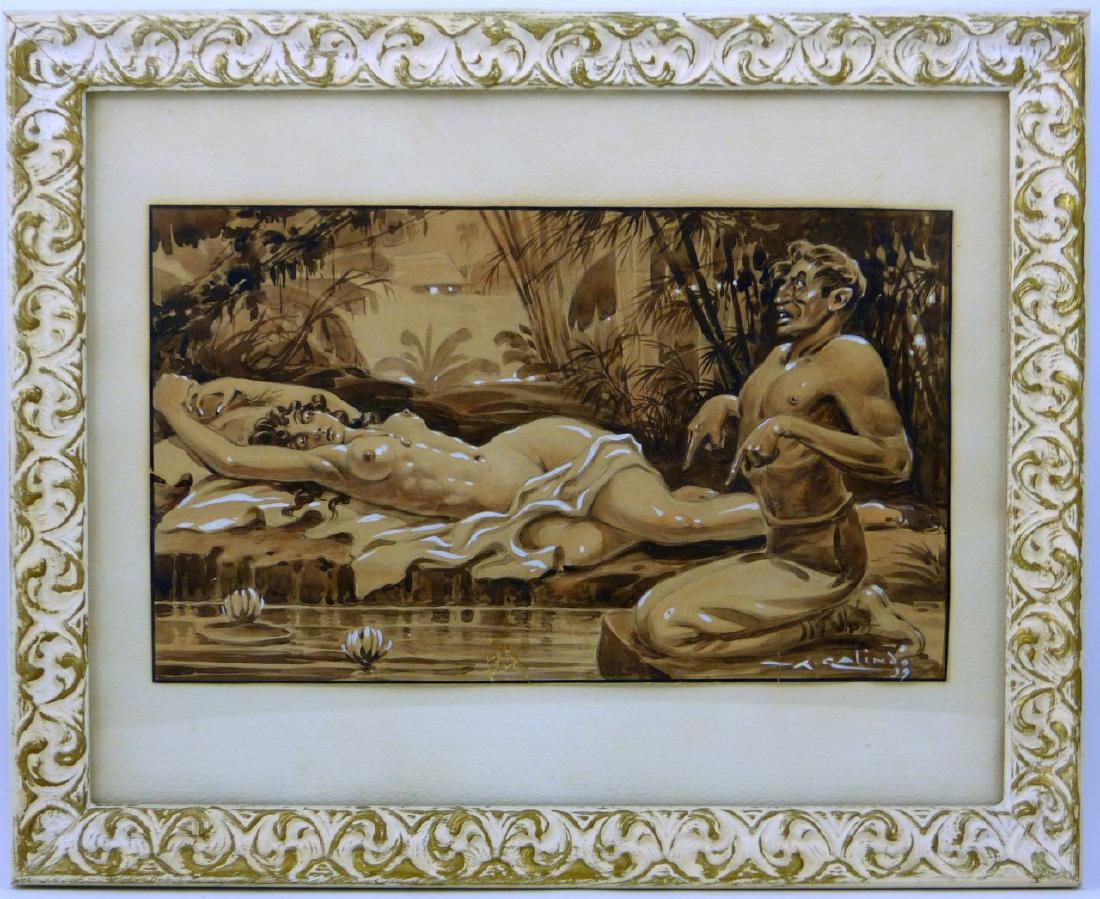 ADOLFO GALINDO CUBAN MIXED MEDIA ON PAPER 1939: Adolfo Galindo (Cuban, 1879-1944) watercolor on paper depicting a reclining nude concerned with the man seated beside her. Signed lower right and dated 1939. Measures 11 3/4" (30cm) x 7" (18.8cm) + 2 