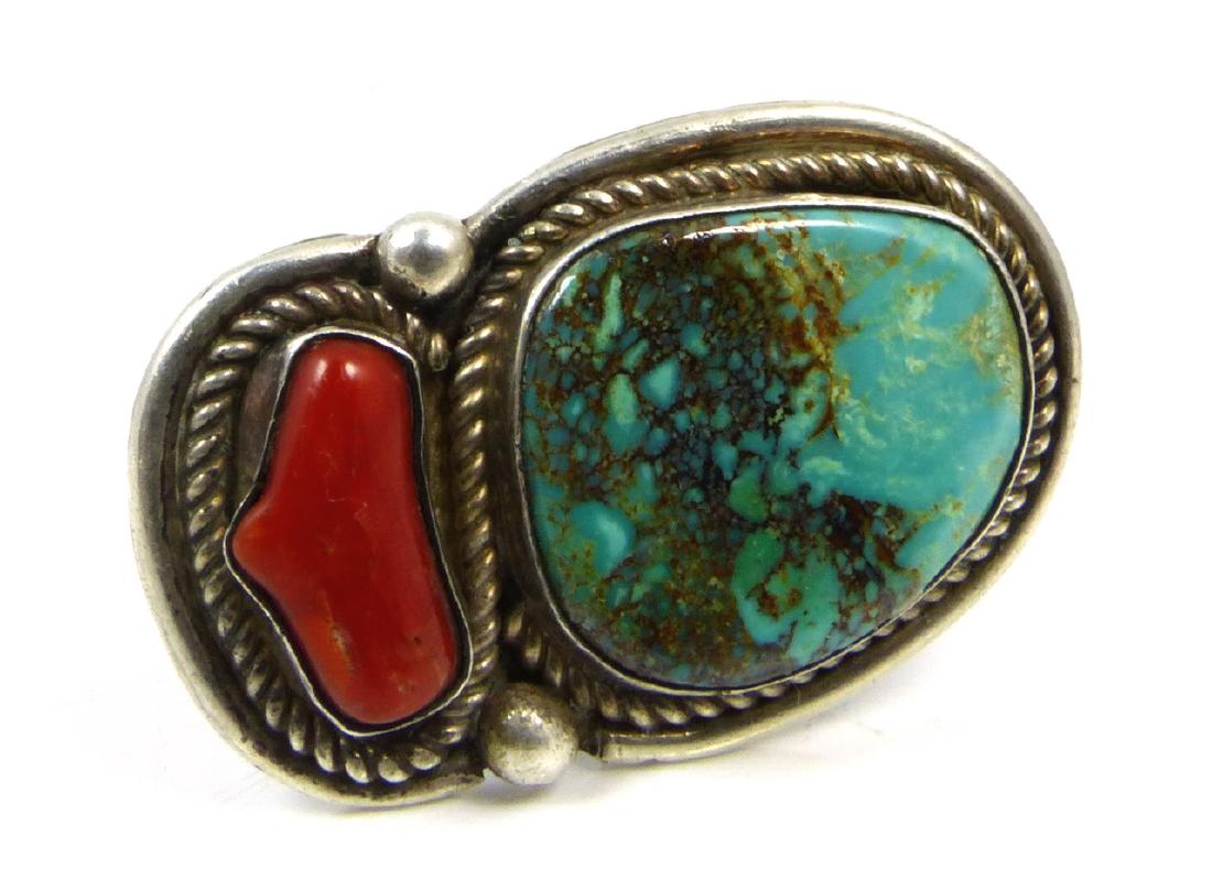 NAVAJO SILVER TURQUOISE & CORAL RING (1 of 6)