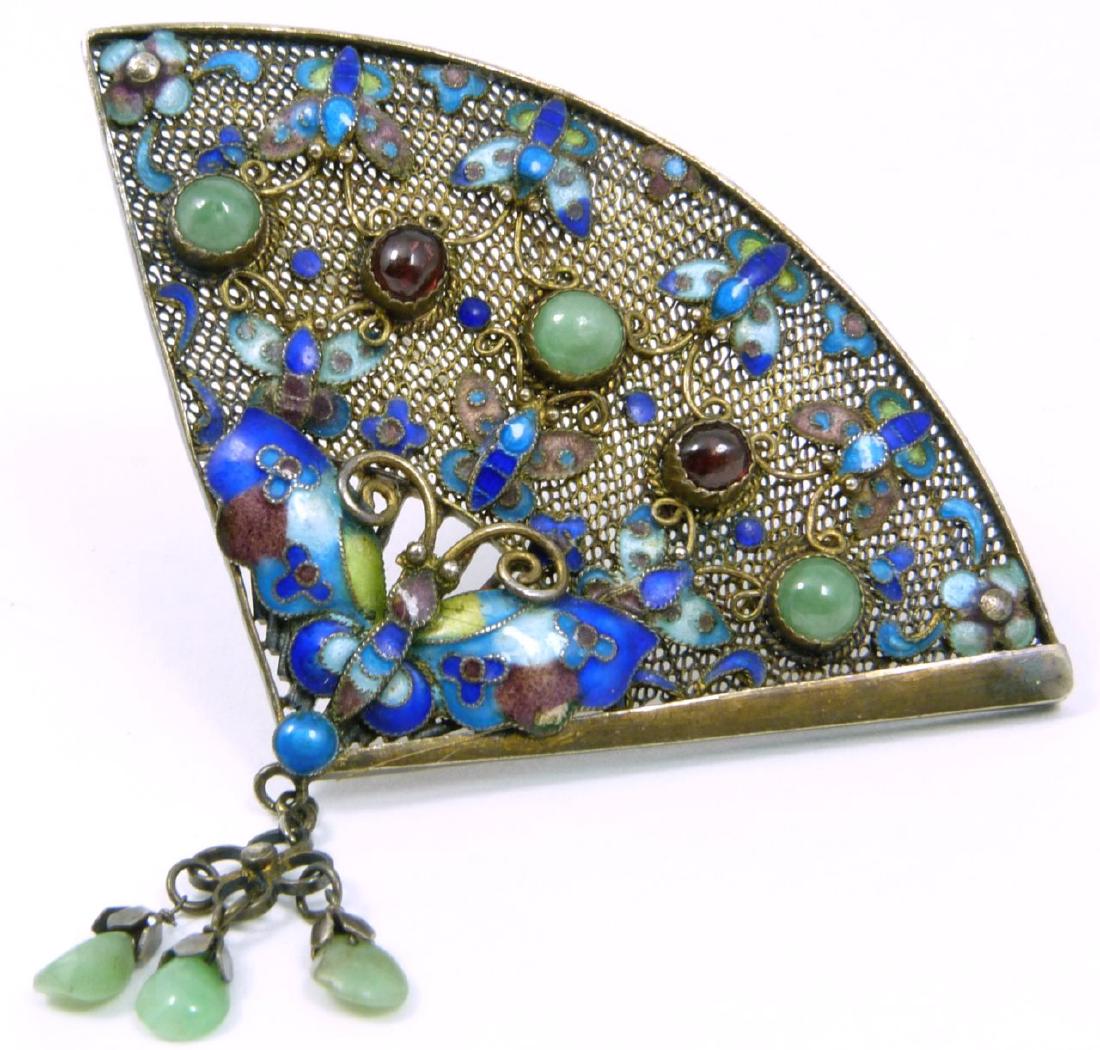 CHINESE ENAMEL & JADE SILVER FAN FORM BROOCH (1 of 6)