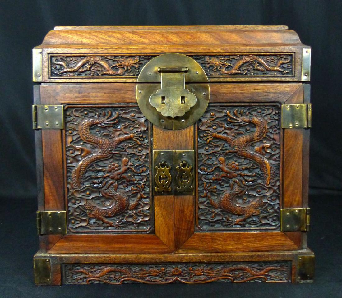 LARGE CHINESE CARVED TEAK BOX w DRAGON MOTIF (1 of 9)