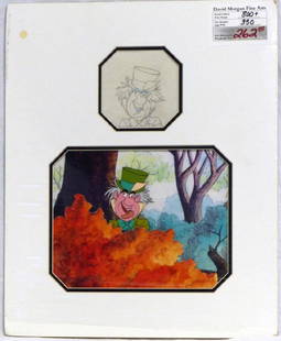 DISNEY THE MAD HATTER ORIGINAL CEL w SKETCH: Disney The Mad Hatter from Alice in Wonderland original production cel with sketch. Overall measures 22" (56cm) x 18" (45.7cm).