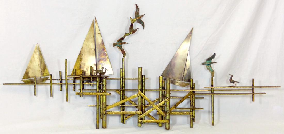 CURTIS JERE SAILBOATS & SEAGULLS WALL SCULPTURE: Curtis Jere mid-century 'Sailboats and Seagulls' wall sculpture. Circa 1970. Signed lower right. Measures 49" (124.5cm) length.