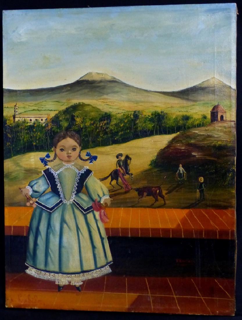 AGAPITO LABIOS OIL PAINTING ON CANVAS: Agapito Labios (Mexican, 1898 - 1996) oil painting on canvas depicting a girl with bull fighting scene in the background. Signed lower left. Titled Tacubaya lower right. Measures 23 5/8" (60cm) x 18 1