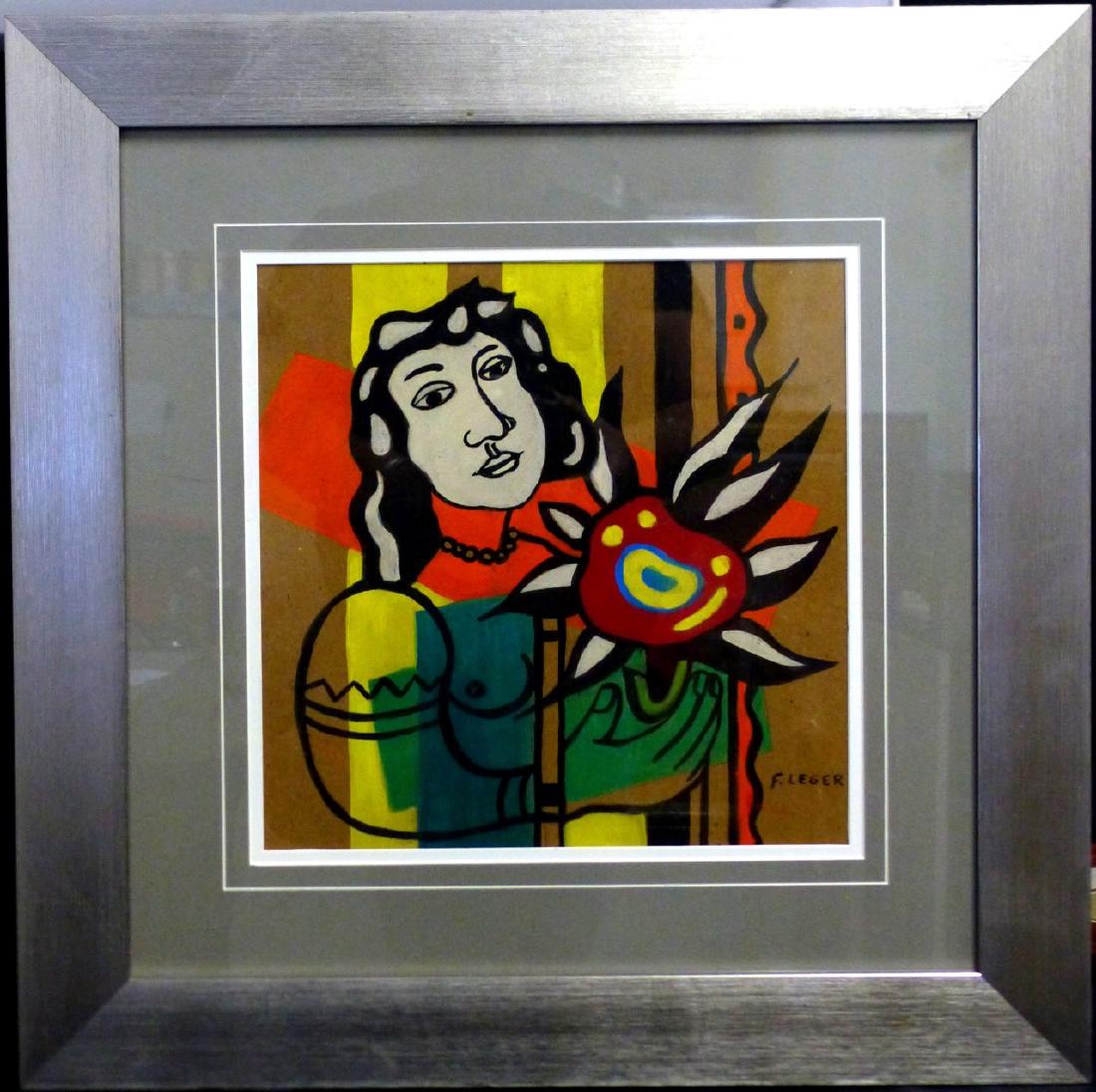 FERNAND LEGER GOUACHE 'NUDE WOMAN WITH FLOWER': Gouache on cardboard attributed to Fernand Leger (French, 1881-1955). Depicts a nude woman with flower. Signed lower right. Musee Fernand Leger stamp to verso. Measures 11 1/2" (29cm) x 11 1/2" (29cm)