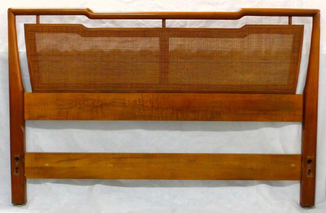 ROBSJOHN-GIBBINGS FOR WIDDICOMB FULL SIZE BED: T.H. Robsjohn-Gibbings for Widdicomb mid-century full size bed. Headboard having Asian motif with woven wicker-design. Metal plaque to backside. Headboard measures 57 3/4" (147cm) x 37 1/2" (95cm).