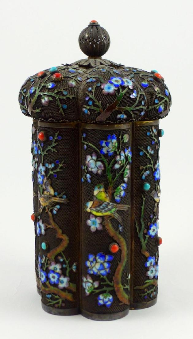 CHINESE SILVER & ENAMEL TEA CADDY (1 of 10)