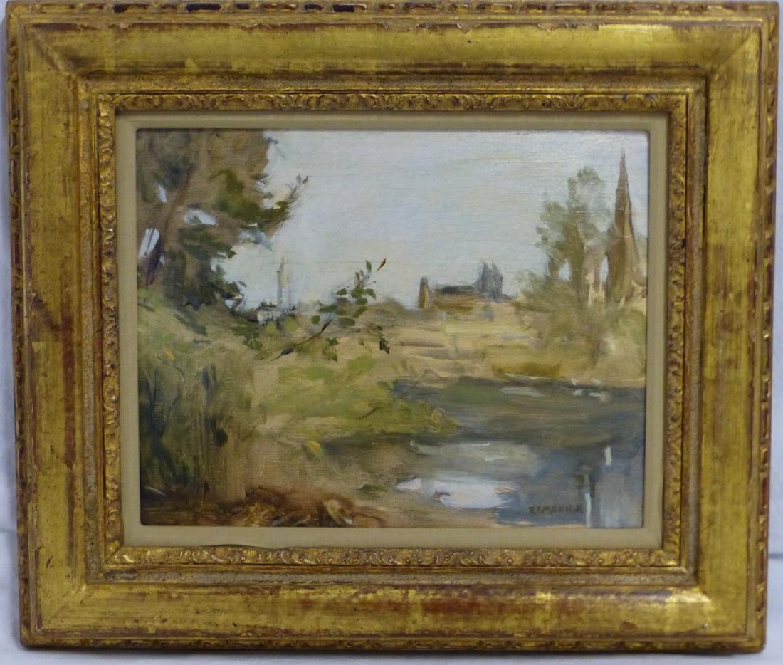SEYMOUR REMENICK OIL PAINTING ON BOARD LANDSCAPE: Seymour Remenick (American, 1923-1999) oil painting on board depicting a landscape. Signed lower right. Measures 11 1/2" (29cm) x 9 1/4" (23.5cm) + 3" (7.5cm) frame.