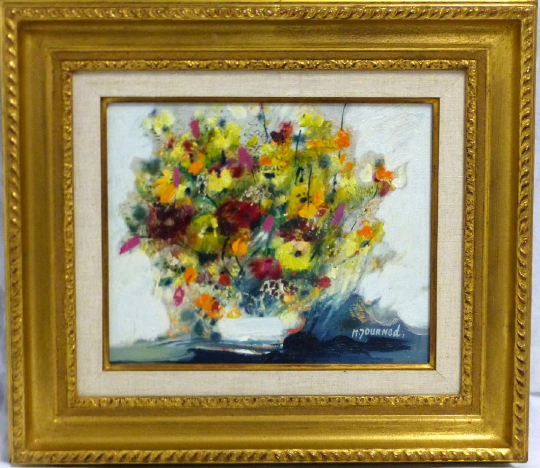 MONIQUE JOURNOD STILL LIFE OIL PAINTING ON CANVAS: Monique Journod (French, b. 1935) oil painting on canvas depicting a still life with flowers. Signed lower right. Measures 10" (25.5cm) x 8 1/4" (21cm) + 3" (7.5cm).