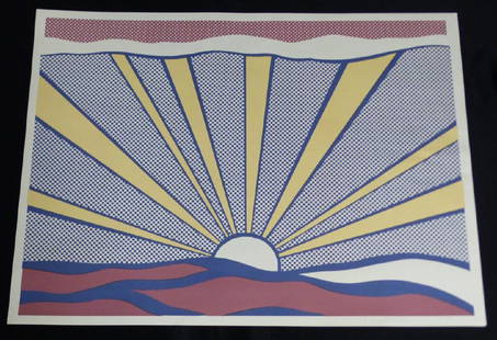 ROY LICHTENSTEIN SUNRISE OFFSET LITHOGRAPH SIGNED: Roy Lichtenstein (American, 1923-1997) offset lithograph in colors on wove paper, titled 'Sunrise'. Published by Leo Castelli Gallery, New York. Pencil signed lower right. Measures 24 1/4" (61.6cm) x