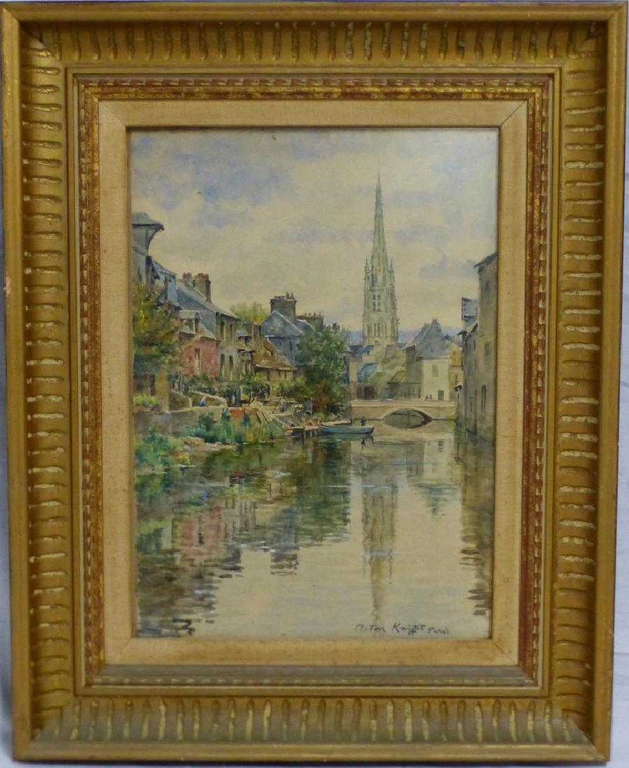 LOUIS ASTON KNIGHT WATERCOLOR CATHEDRAL: Louis Aston Knight (French-American, 1873-1948) watercolor on paper depicting a canal with cathedral in the distance. Signed lower right. Measures 14 1/2" (26.8cm) x 10 1/4" (26cm) + 3 1/4" (8cm) fram