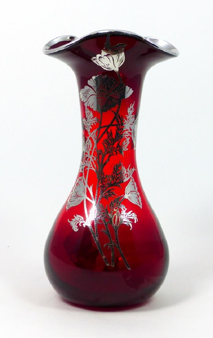 CRANBERRY GLASS VASE w SILVER OVERLAY (1 of 6)