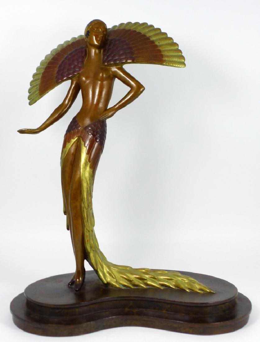 ERTE 'IBIS' BRONZE SCULPTURE 152/300: Romain De Tirtoff Erte (Russian. 1892-1990) bronze sculpture titled 'Ibis' depicts a nude female figure in feathered costume. Signed 'Erte' to base, numbered 152/300, marked Fine Art Acquisitions and