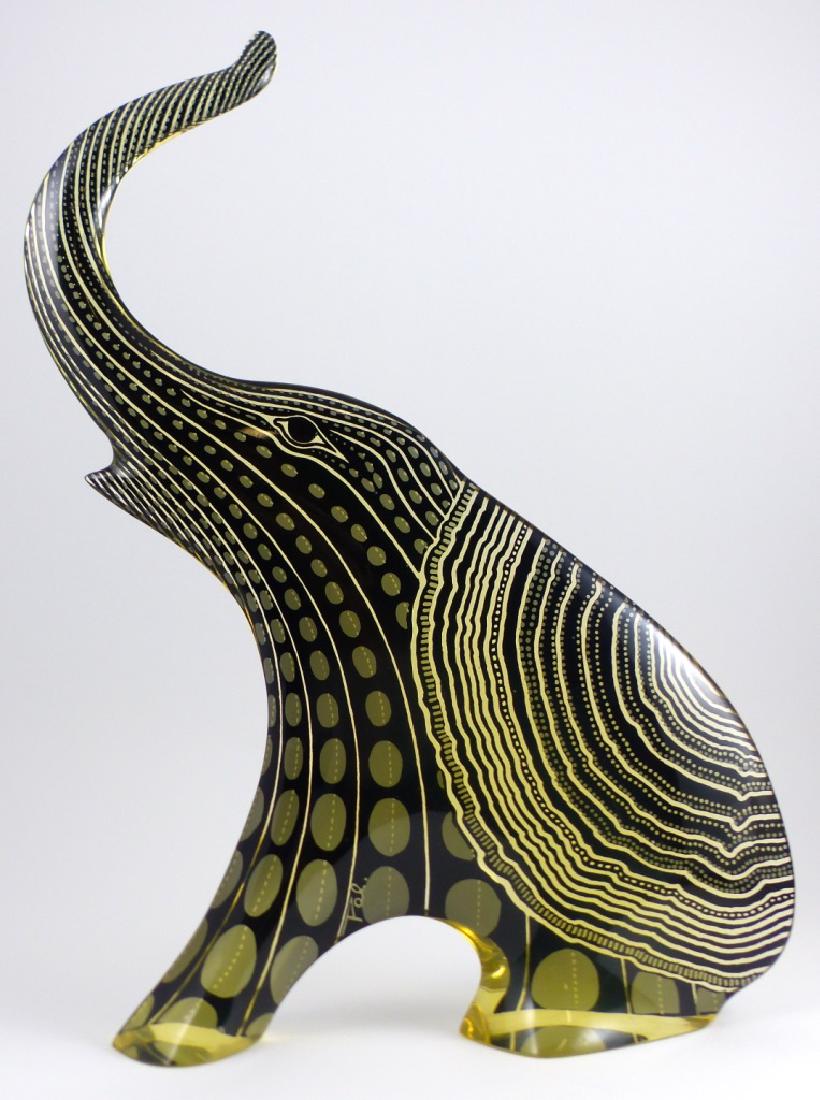 ABRAHAM PALATNIK MODERN LUCITE ELEPHANT SCULPTURE: braham Palatnik (Brazilian, b. 1928) acrylic lucite sculpture with black and grey tribal pattern. Elephant is depicted with raised trunk. Signed Pal behind front left leg. Measures 15 3/8" (39cm) heig