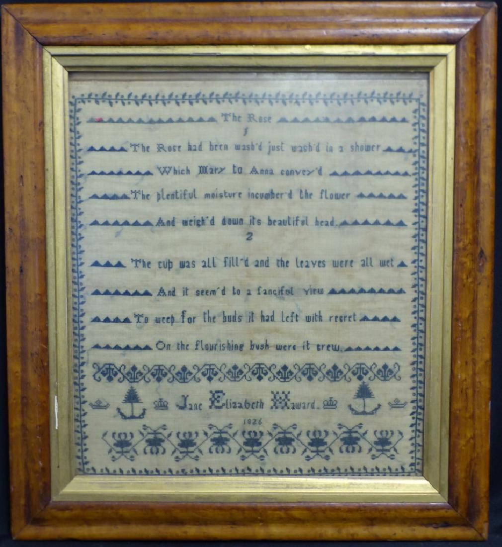 AMERICAN NEEDLEPOINT 'THE ROSE' 1826: American needlepoint titled 'The Rose', dated 1826 by Jane Elizabeth Haward. Measures 14 3/4" (37.5cm) x 12 3/4" (32.5cm) + 2 1/4" (5.7cm) frame.