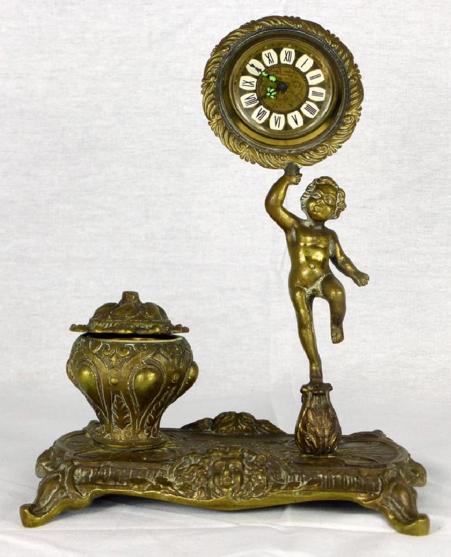 GERMAN BRASS CHERUB INKWELL w CLOCK (1 of 6)