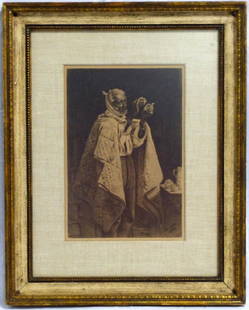 THOMAS WATERMAN WOOD ETCHING OF OLD MAN: Thomas Waterman Wood (American, 1823-1903) etching depicting an old man taking his medicine. Signed and dated 1883 in the plate. Measures 12" (30.5cm) x 8" (20.3cm) + 4 1/4" (10.7cm) mat & frame.