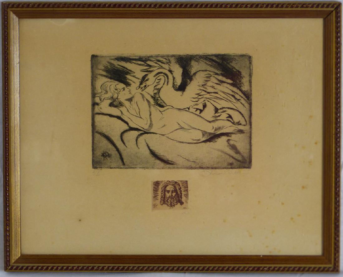 KARL RITTER ETCHING OF NUDE w SWAN: Karl Ritter etching depicting a reclining nude woman with goose. Pencil signed lower right and numbered 5/X left. Smaller etching depicting a bearded man to same sheet. Initialed lower right. Sheet me