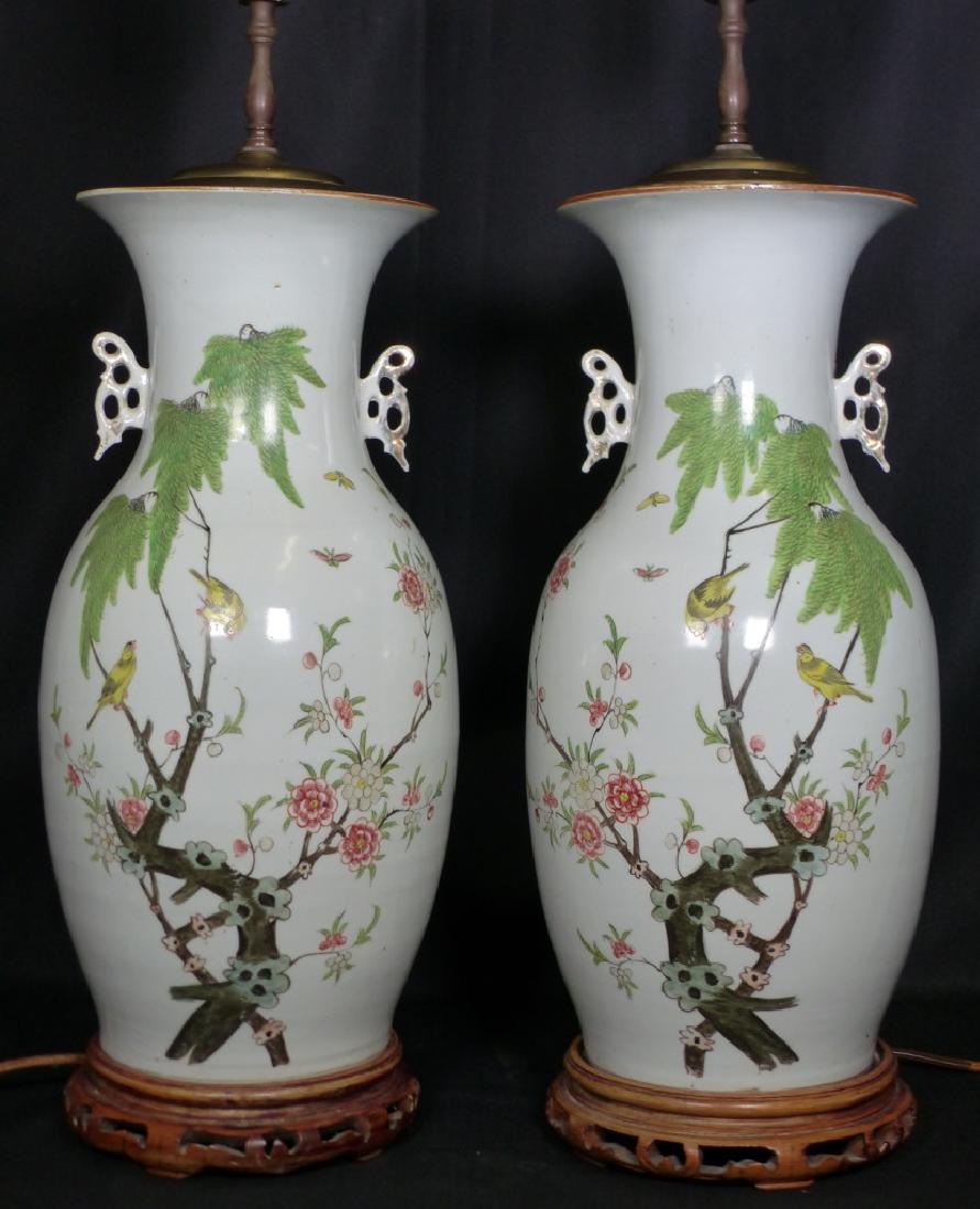 PR CHINESE BALUSTER VASE LAMPS w BIRDS & FLOWERS (1 of 10)