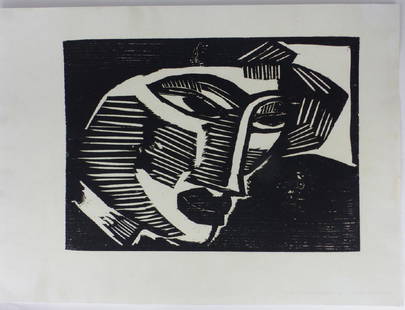 KARL SCHMIDT-ROTLUFF 'WOMAN'S HEAD' WOODCUT: Karl Schmidt-Rottluff (German,1884-1976) woodcut depicting a head of a woman. Measures 13" (33cm) x 9 1/2" (24cm).