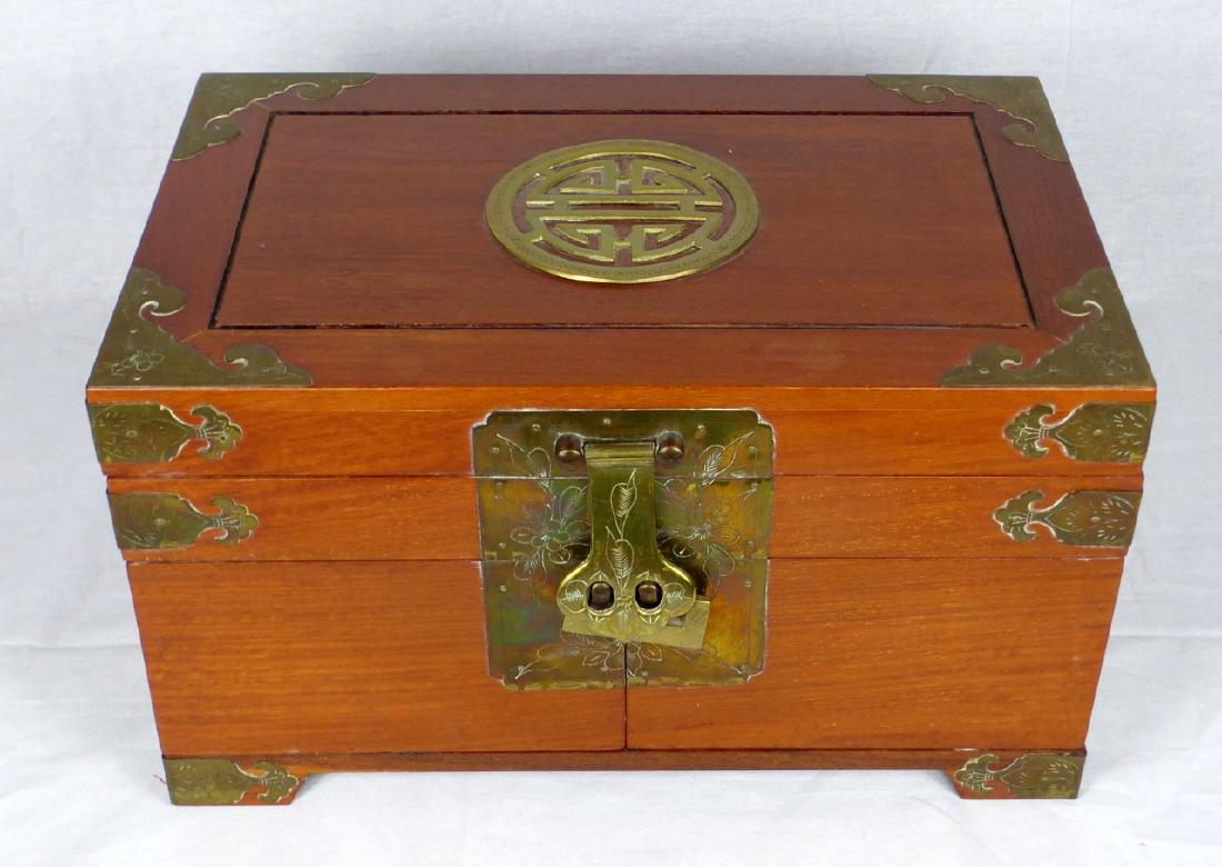 CHINESE WOODEN JEWELRY BOX w BRASS HARDWARE (1 of 9)