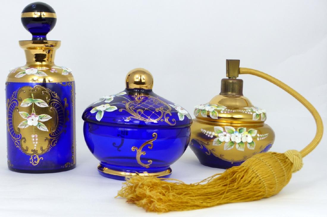 3pc BOHEMIAN COBALT & GILT GLASS VANITY SET (1 of 8)