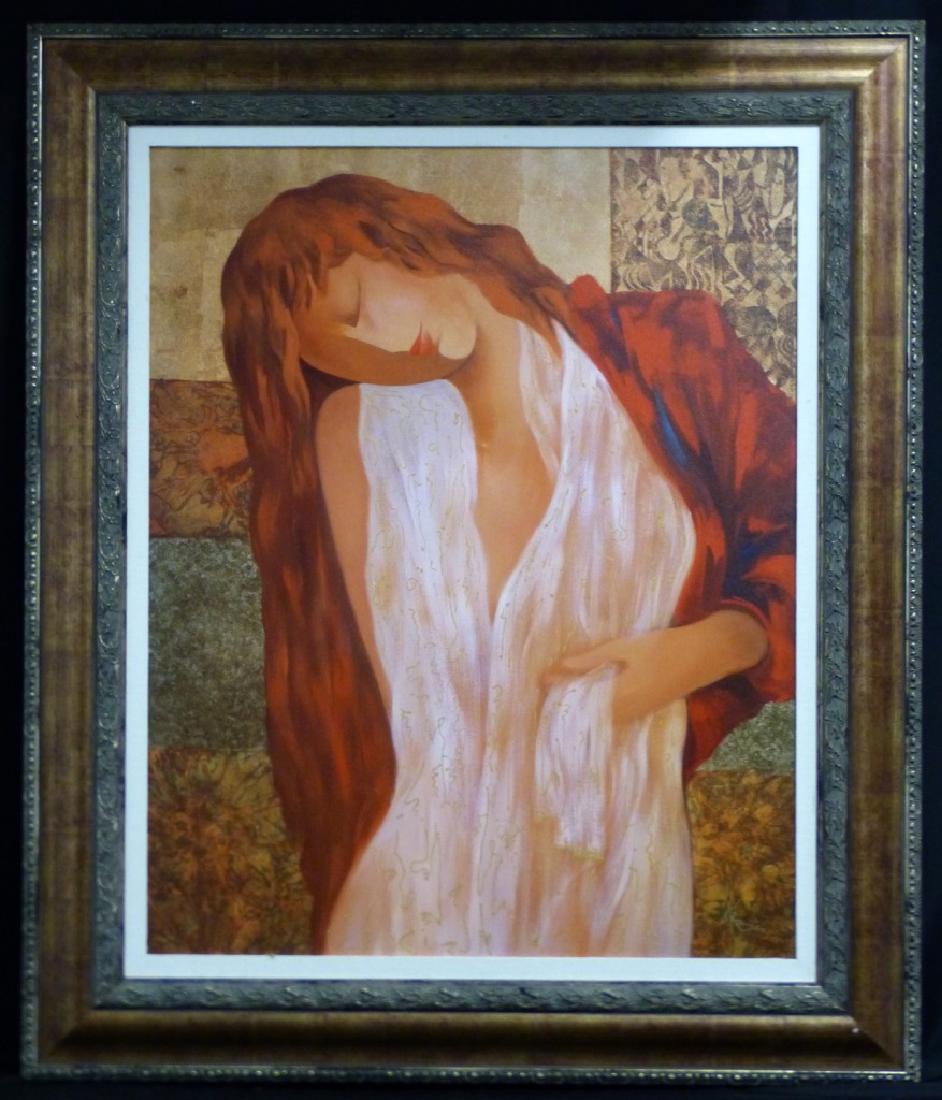 ARA BERBERYAN ARBE 'GOLDEN DREAM' GICLEE: Ara Berberyan (Arbe) (b. 1958) giclee on canvas depicting a woman. Titled 'Golden Dream'. Signed lower right and numbered 6/300 lower left. Measures 37" (94cm) x 29 1/2" (74.8cm) + 6" (15.2cm) frame.