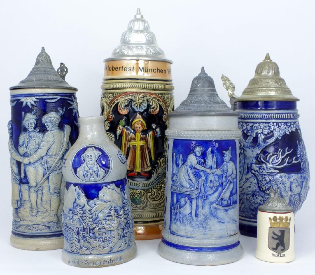 6pc GERMAN POTTERY STEINS & BOTTLE (1 of 3)