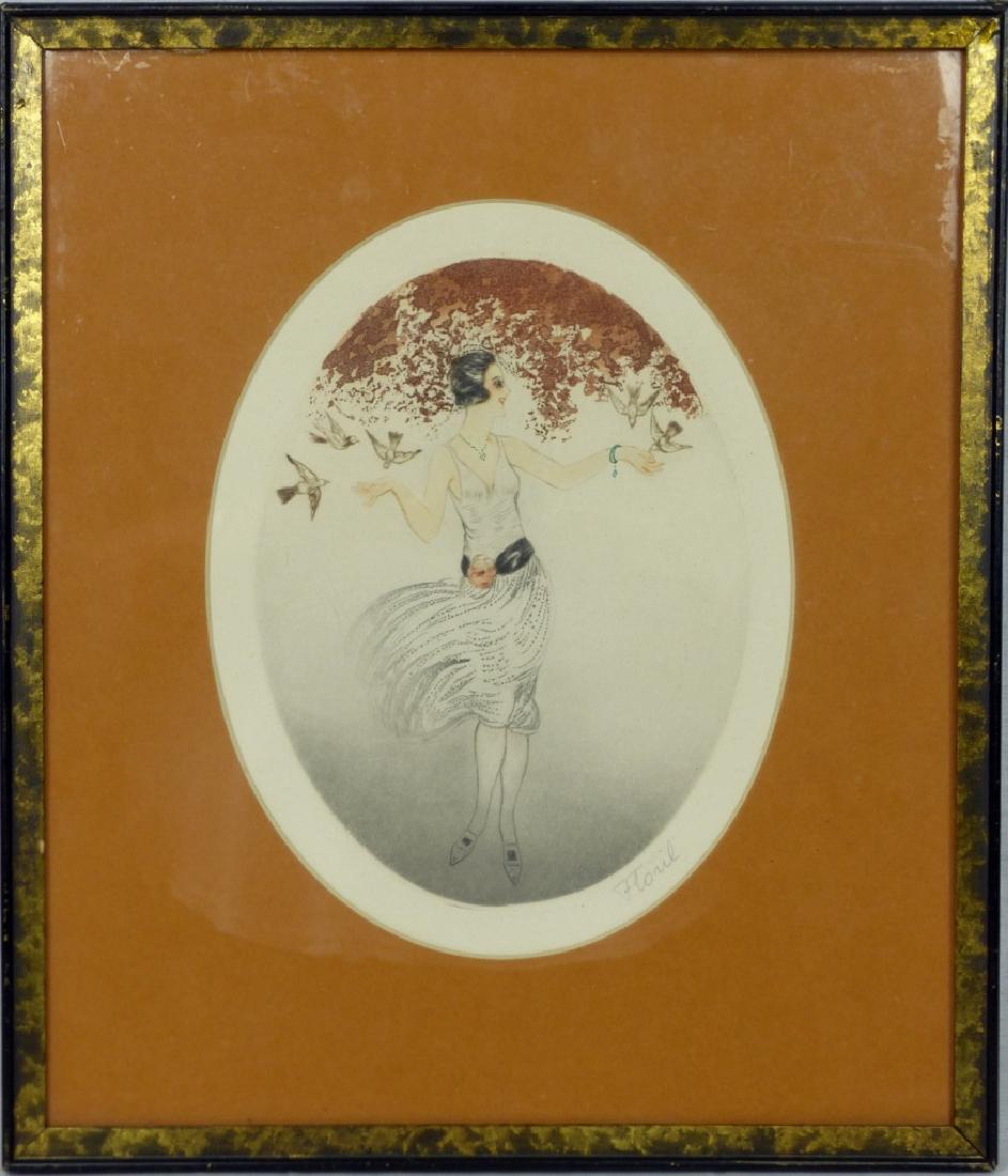 FLORIL ART DECO ETCHING LADY w BIRDS (1 of 4)