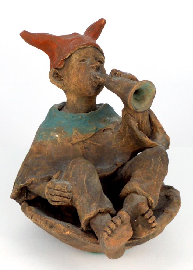 POTTERY FIGURE BOY w HORN SIGNED (1 of 7)