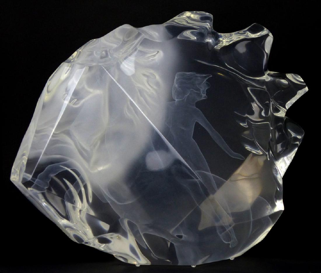 FREDERICK HART 'THE RIDE' ACRYLIC SCULPTURE: Frederick Hart (American, 1943-1999) lucite sculpture titled 'The Ride' from the 'Age of Light' series. Depicts a nude beauty on the back of the horse. Signed 'Hart' to front. Dated 1990, numbered 128