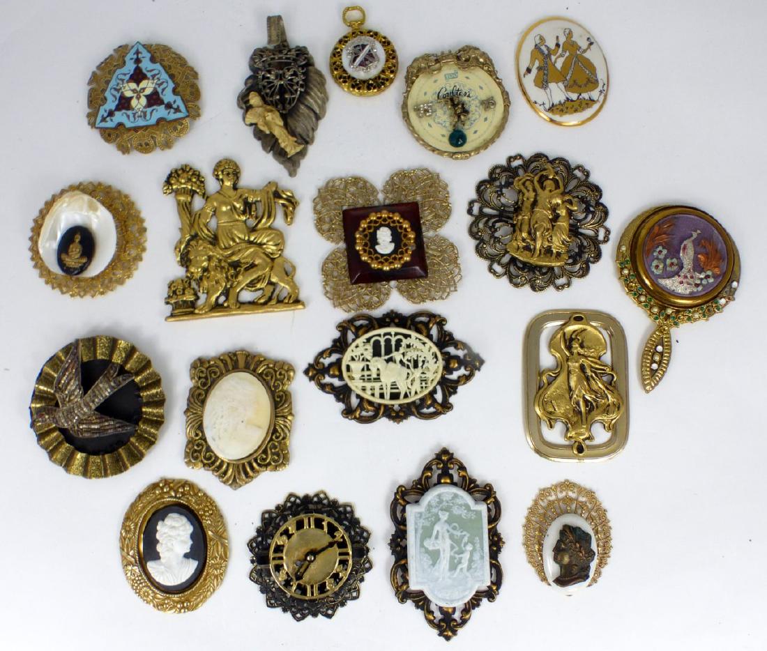 18pc PENDANTS, CAMEOS & PLAQUES: 18 pendants, cameos and plaque including enamel, jasperware and many others. Largest measures 3 3/4" (9.5cm) length.