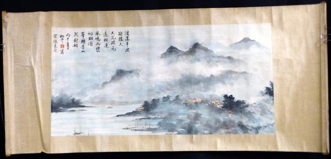 CHINESE SCROLL PAINTING SEASIDE VILLAGE: Chinese scroll painting depicting a village on the sea. Signed upper right. Painting measures 26 1/2" x 13 1/4" excluding mat. Roller measures 17 3/4" (45cm) length.