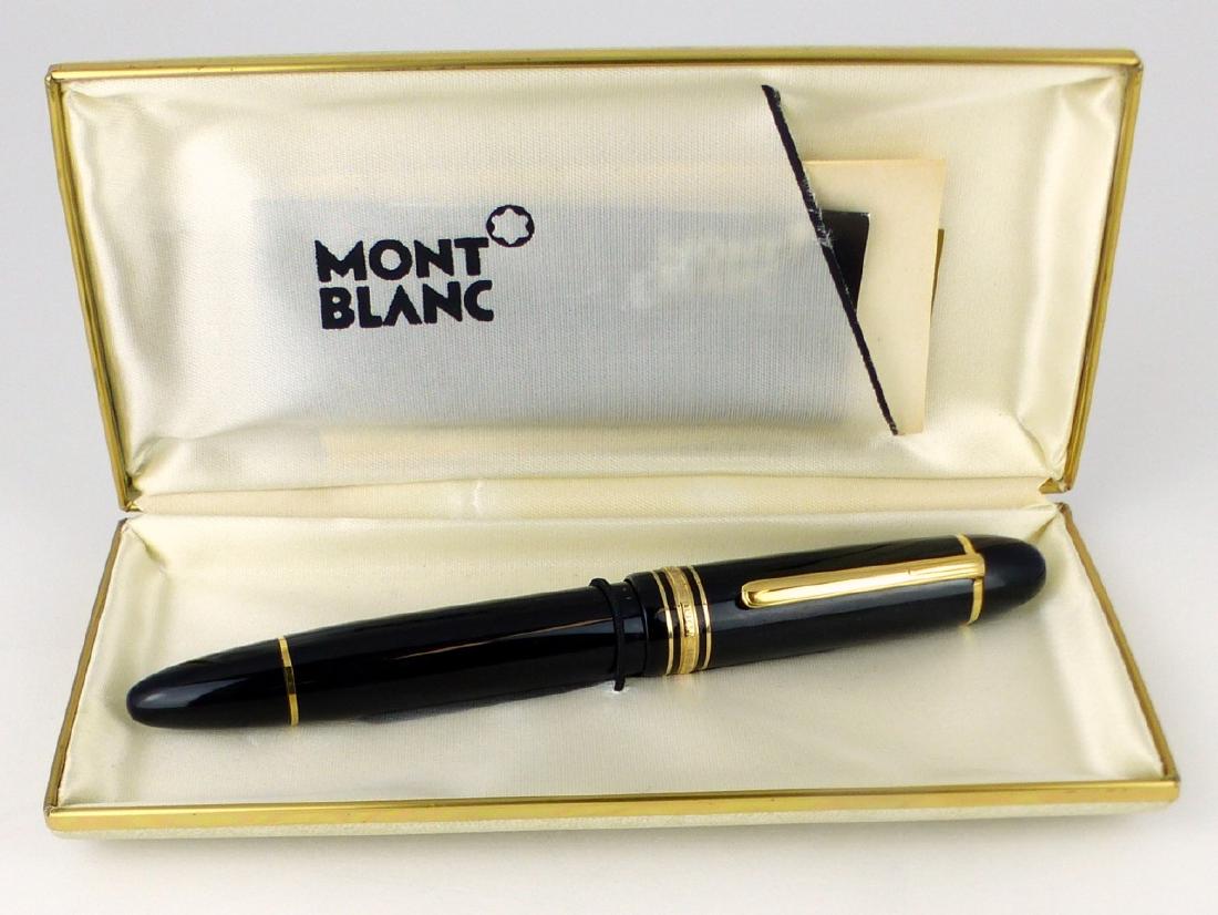 MONTBLANC MEISTERSTUCK 14kt FOUNTAIN PEN 149 w BOX: Montblanc Meisterstuck 14kt yellow gold fountain pen #149. Marked Montblanc Meisterstuck No 149 to cap. Marked 4810, 14K, Montblanc, 585 to tip. Includes original case and documentation. Pen measures 