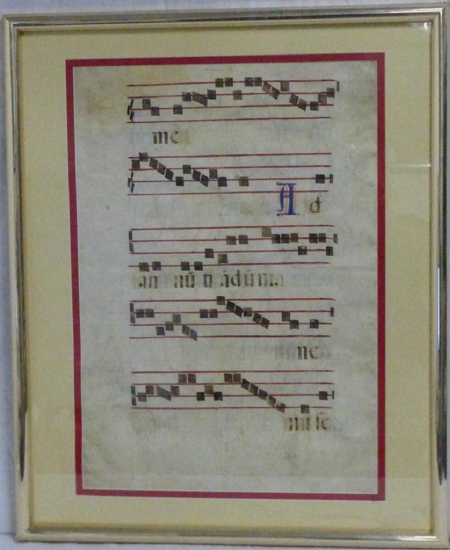 ANTIQUE MUSICAL NOTATION ON PARCHMENT PAPER: Antique musical song lyrics on parchment paper. Measures 27" (68.5cm) x 19" (48cm) + 4 1/2" (11.4cm) mat & frame.