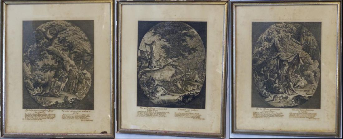 3pc JOHANN ELIAS RIDINGER ENGRAVINGS: 3 engravings by Johan Elias Ridinger (German, 1696-1767) depicting hunting scenes. Each measures 18 3/4" (47.5cm) x 15" (38cm) + 3/4" (2cm) frame.