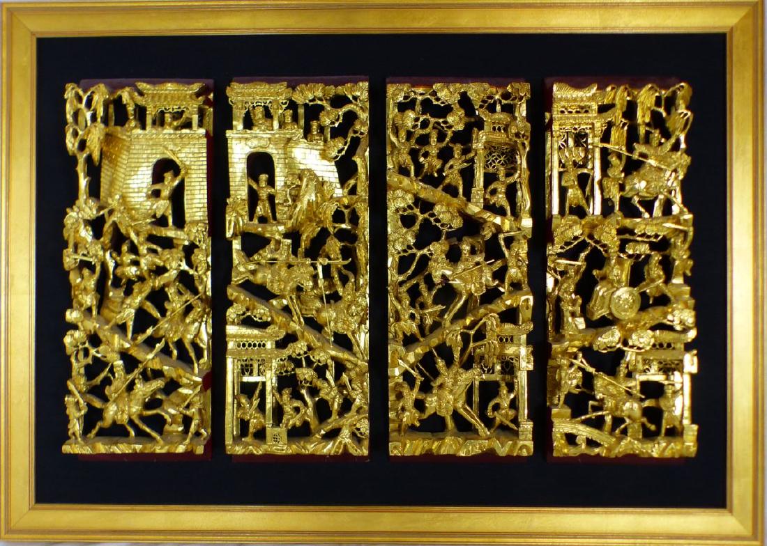 4pc CHINESE CARVED & GILT WOOD PANELS w WARRIORS (1 of 16)