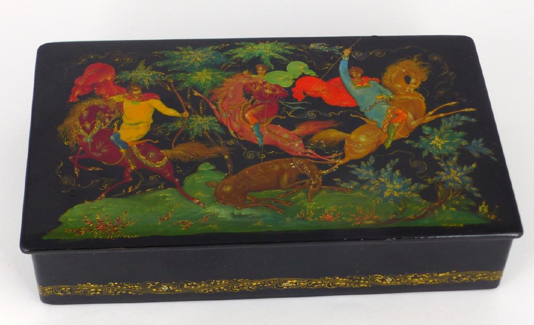 RUSSIAN LACQUERED BOX w HUNTING SCENE SIGNED (1 of 6)