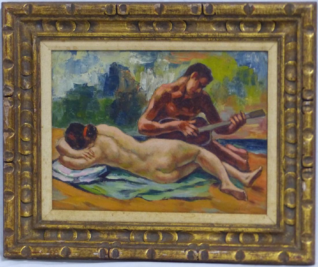 MARKO VUKOVIC OIL PAINTING ON BOARD: Marko (Mark) Walker Vukovic (Yugoslavian-American, 1892-1973) oil painting on board depicting a musician beside a reclining nude woman. Signed lower right and dated 1958. Measures 15 1/2" (39.3cm) x 1