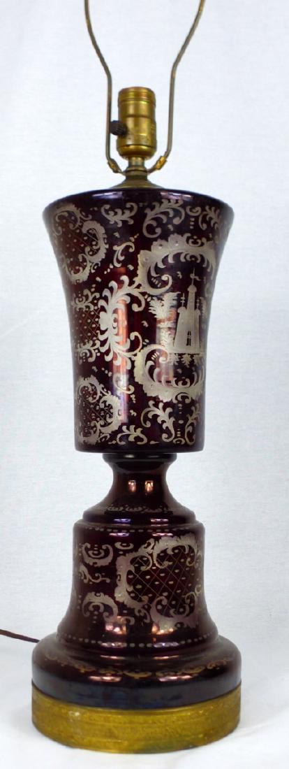 BOHEMIAN CRANBERRY CUT TO CLEAR GLASS LAMP (1 of 7)