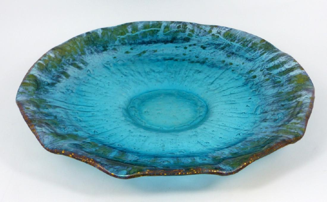 ART GLASS CHARGER - TEAL & GOLD: Teal and gold art glass charger. Spuriously marked Daum France and dated 1947 to underside. Measures 14 1/2" (36.8cm) diameter.