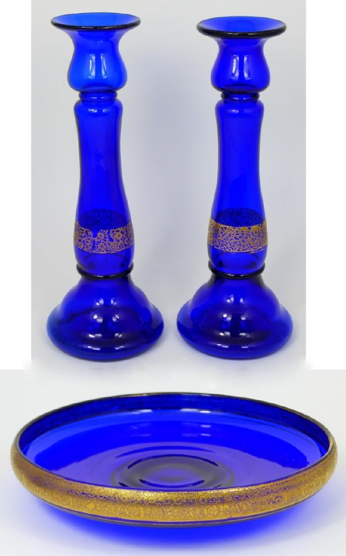 3pc COBALT GLASS w GILT DECORATION (1 of 7)