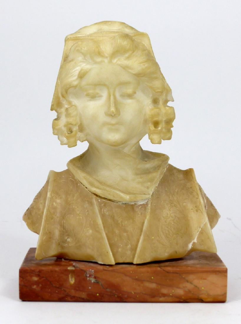 MARBLE AND ALABASTER BUST OF YOUNG BEAUTY: Marble and alabaster bust depicting a young beauty. Measures 5 3/4" (14.5cm) height + 7/8" (2.2cm) marble base.