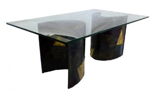 PAUL EVANS SCULPTED STEEL DINING TABLE PE 24: Paul Evans for Directional dining table. Model PE-24. Having two welded and patinated steel and brass pedestal bases with rectangular glass top. Signed to one pedestal "PE 69".Measurements:The glass