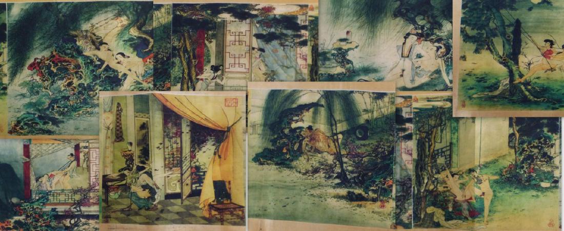 CHINESE EROTIC SCROLL PAINTING: Chinese erotic scroll painting with eight images with signed with chop. Ninth panel with calligraphy. Eight paintings combined measure 69" x 8" excluding mat. Roller measures 10" (25.5cm) length.