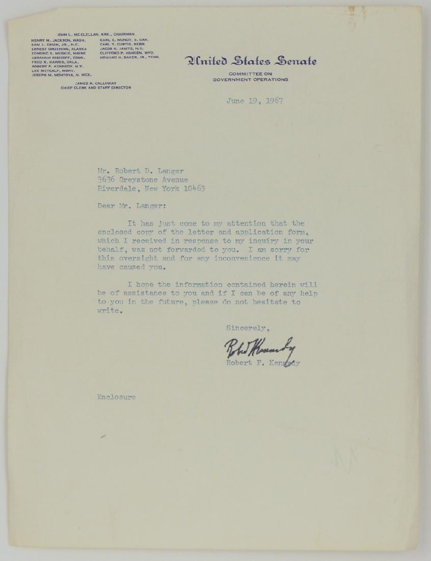 ROBERT F KENNEDY UNITED STATES SENATOR LETTER 1967 (1 of 3)