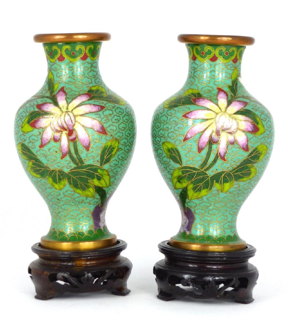 PR CHINESE CLOISONNE FLORAL VASES GREEN GROUND (1 of 3)