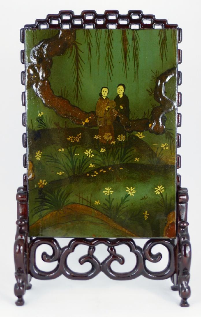 CHINESE PAINTED & LACQUERED WOOD PANEL w STAND (1 of 6)