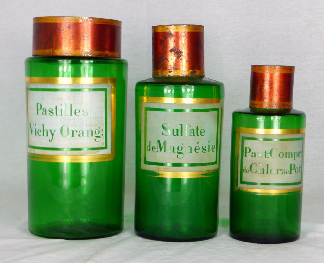 36pc FRENCH 19th C GREEN GLASS APOTHECARY BOTTLES (1 of 17)