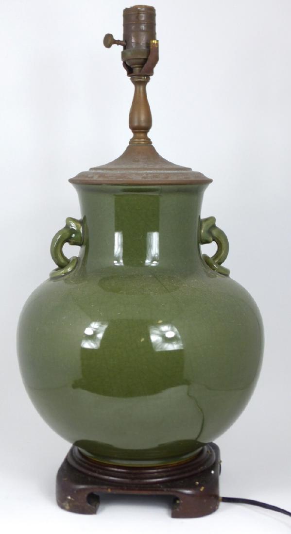CHINESE GREEN CRACKLE GLAZED PORCELAIN VASE LAMP (1 of 5)